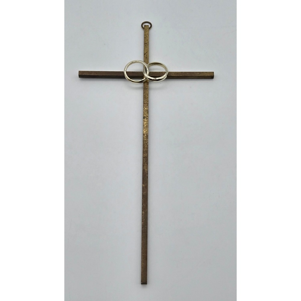Marriage Wall Cross Brass‎ Interlocking Wedding Rings Religion Aged Patina - Picture 5 of 7